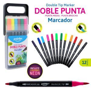 Marcadores Doble Punta Redonda y Pincel x 12 colores